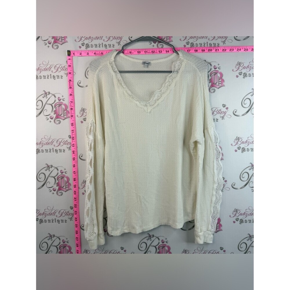 Kismet long sleeve Lacie crochet Cream Long Sleeve Lace-Trim Waffle Knit Top
